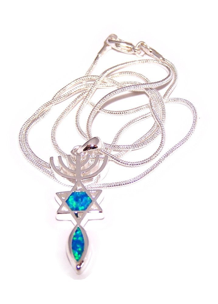 Messianic Seal symbol with created Opal Stones - Rhodium plated (3.5 cm - 1.4 inches - 20 Inch Chain)、mySite、topwebapps