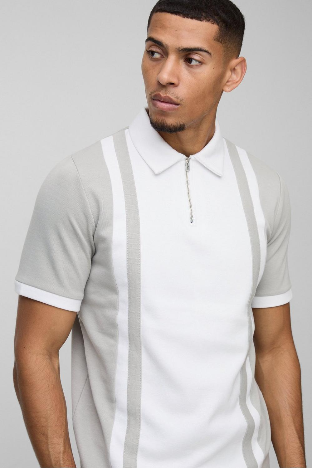  Boohooman Slim Panelled Zip Neck Interlock Polo white、mySite、justintrudeaud
