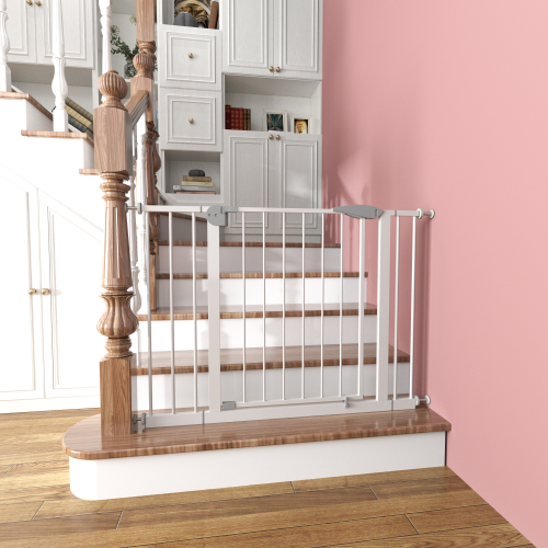 29.5-45.3" Wide Baby Gate for Stairs, Dog Gate Indoor for Doorways, No Drilling Pressure Mounted Pet Gates for Kids, Easy Walk Through Safety Gate, White、、casual