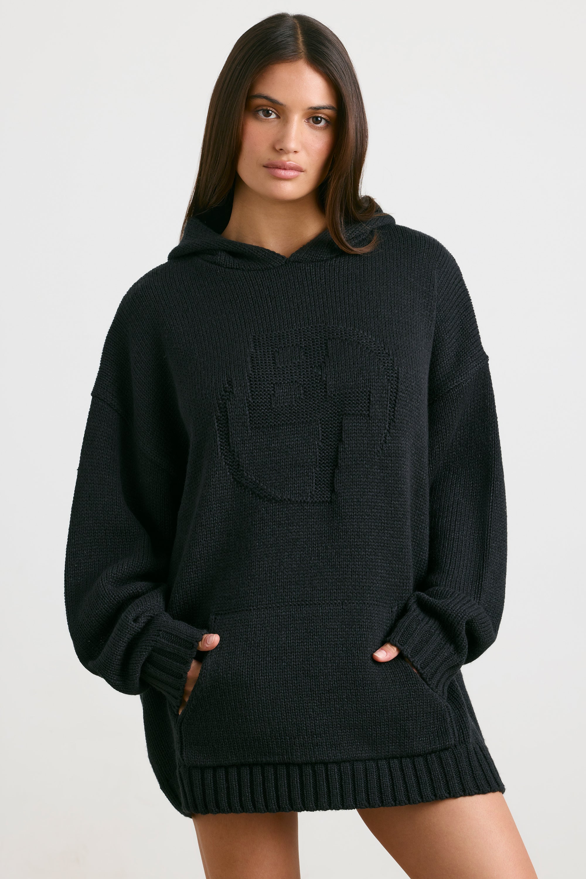 Oversized Chunky Knit Hoodie in Black、mySite、solidvoid