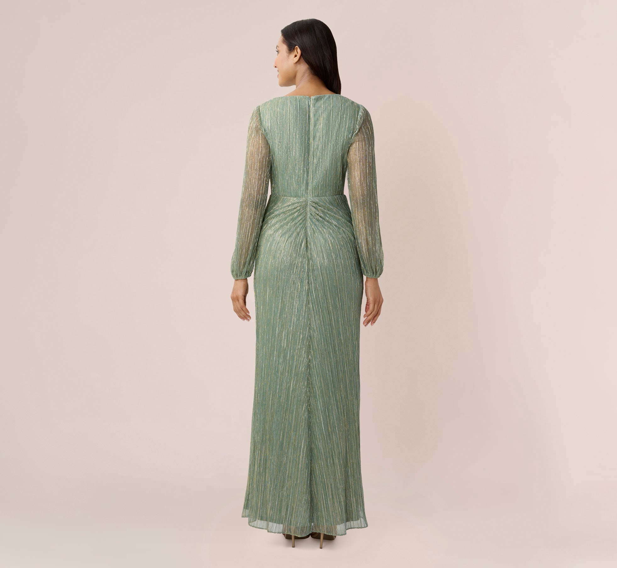 Metallic Crinkled Mesh Draped Long Gown In Green Slate、mySite、solidvoid