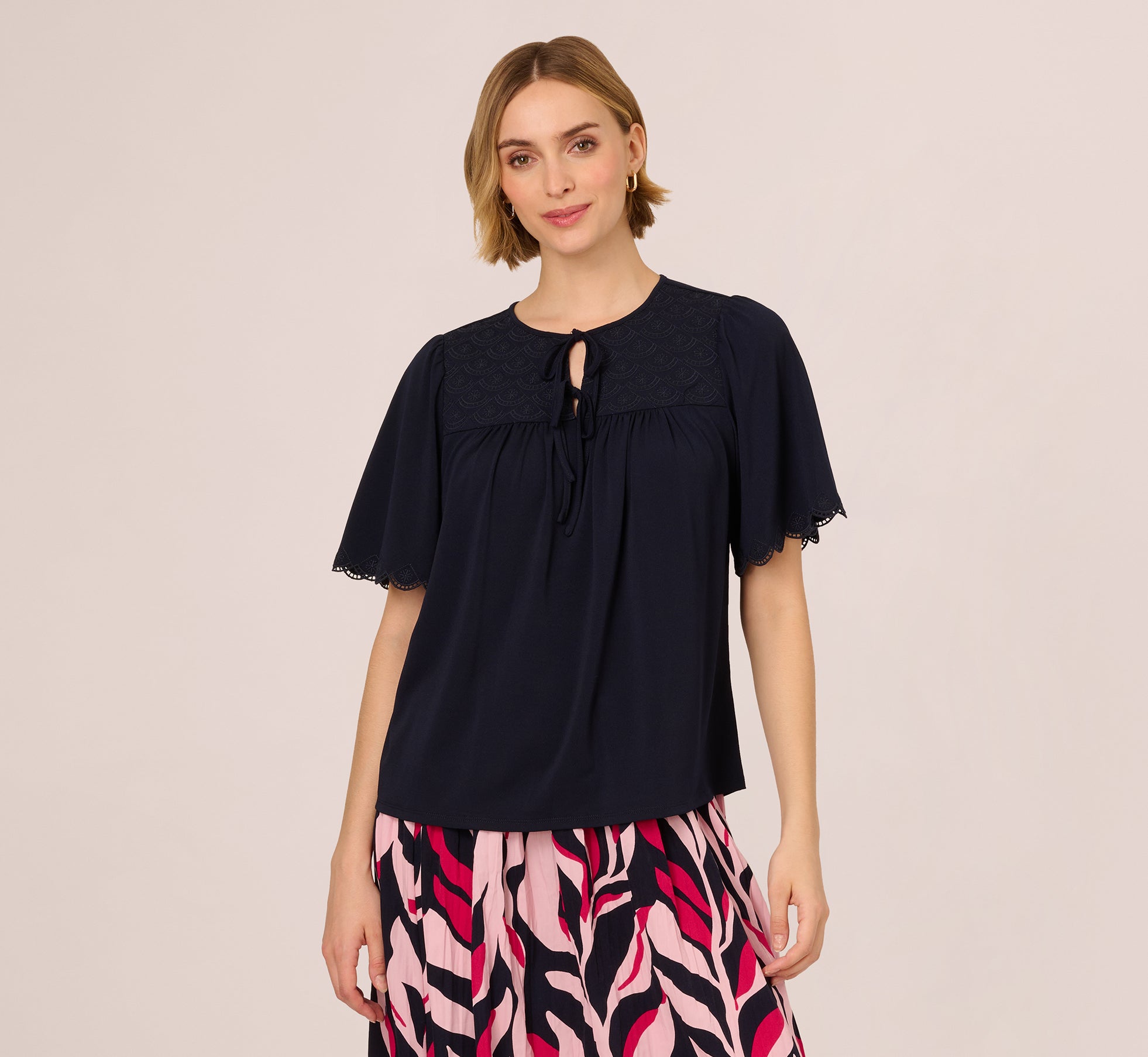 Short Sleeve Neck Tie Embroidered Yoke Top In Blue Moon、mySite、solidvoid