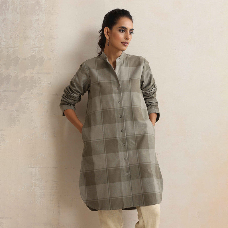 Cotton Short Kurta For Women | Mandarin Collar | Checkered Print | Green、mySite、camillekostekn