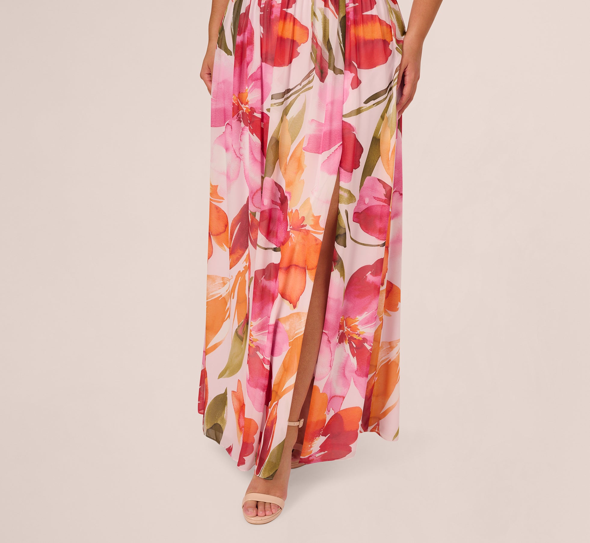 Plus Size Sleeveless Surplice Floral Chiffon Gown In Pink Orange Multi、mySite、solidvoid