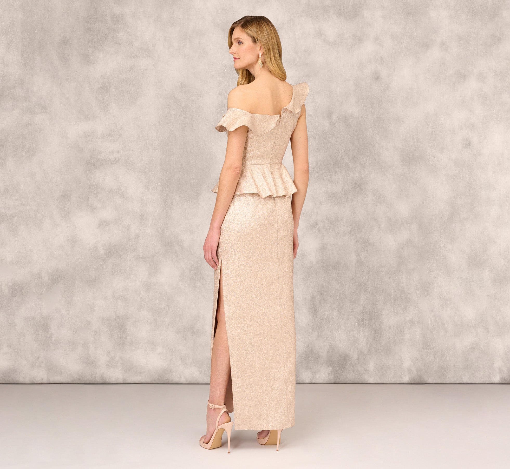 Asymmetrical Column Gown With Ruffle Details In Taupe、mySite、solidvoid