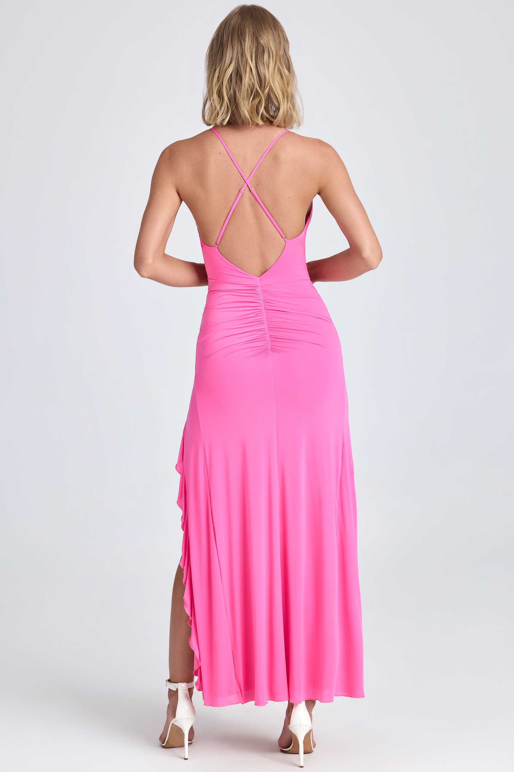 Ruched Ruffle-Trim Maxi Dress in Lollipop Pink、mySite、solidvoid