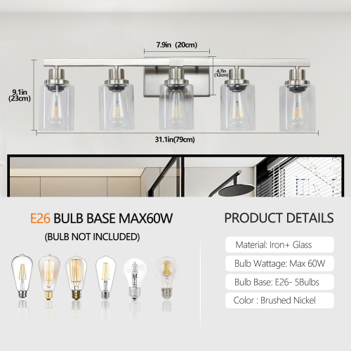37" Golden 6-Light Vanity Light with Clear Glass Shades, Modern Iron Metal Bathroom Wall Fixture for Mirror, Ideal for Bathroom and Dressing Table (No Bulbs)、、eastwooduniform