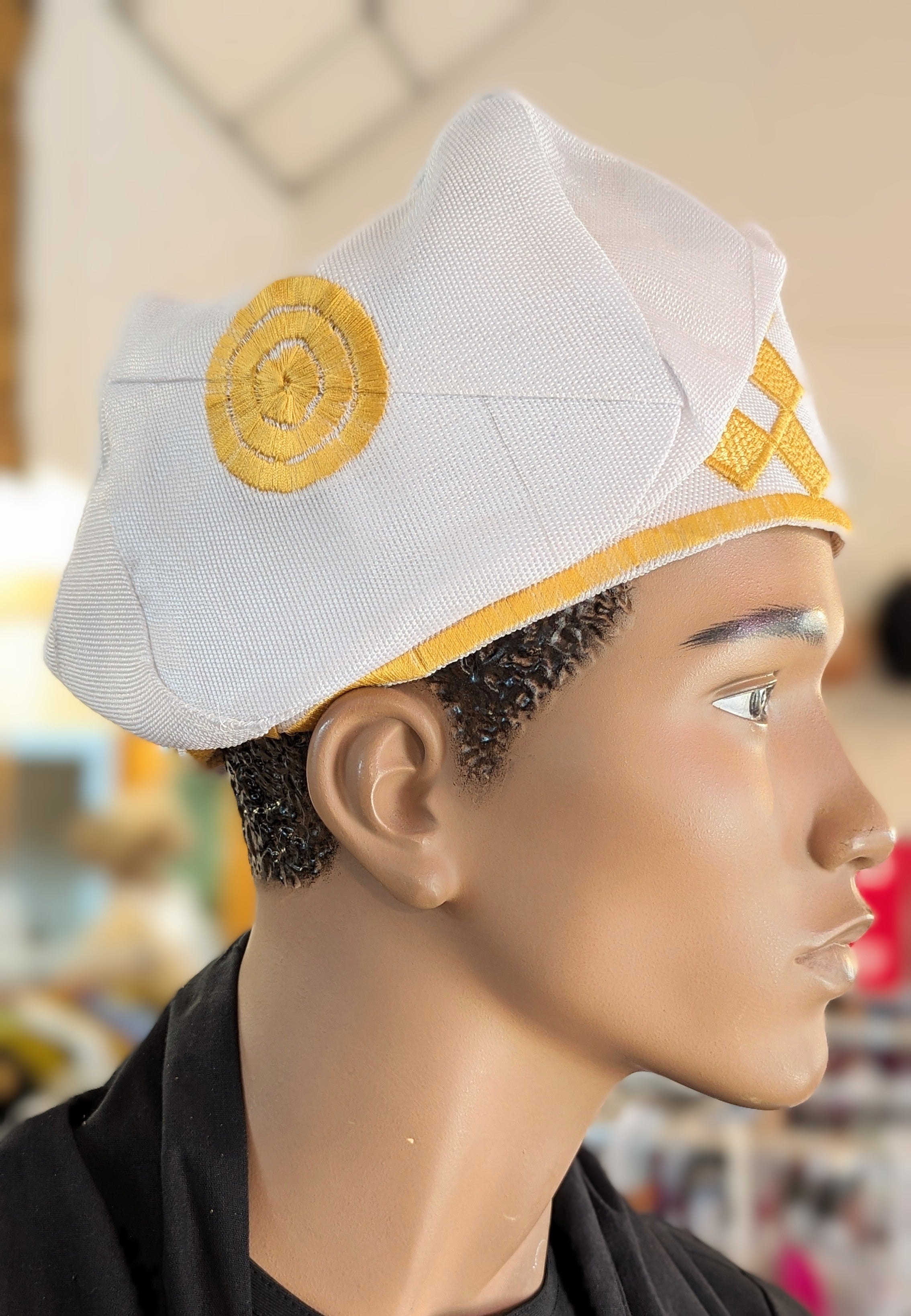Dupsie's White with Gold Embroidery Ogundele Aso Oke Kufi Cap Hat DPHAWGA44、mySite、solidvoid