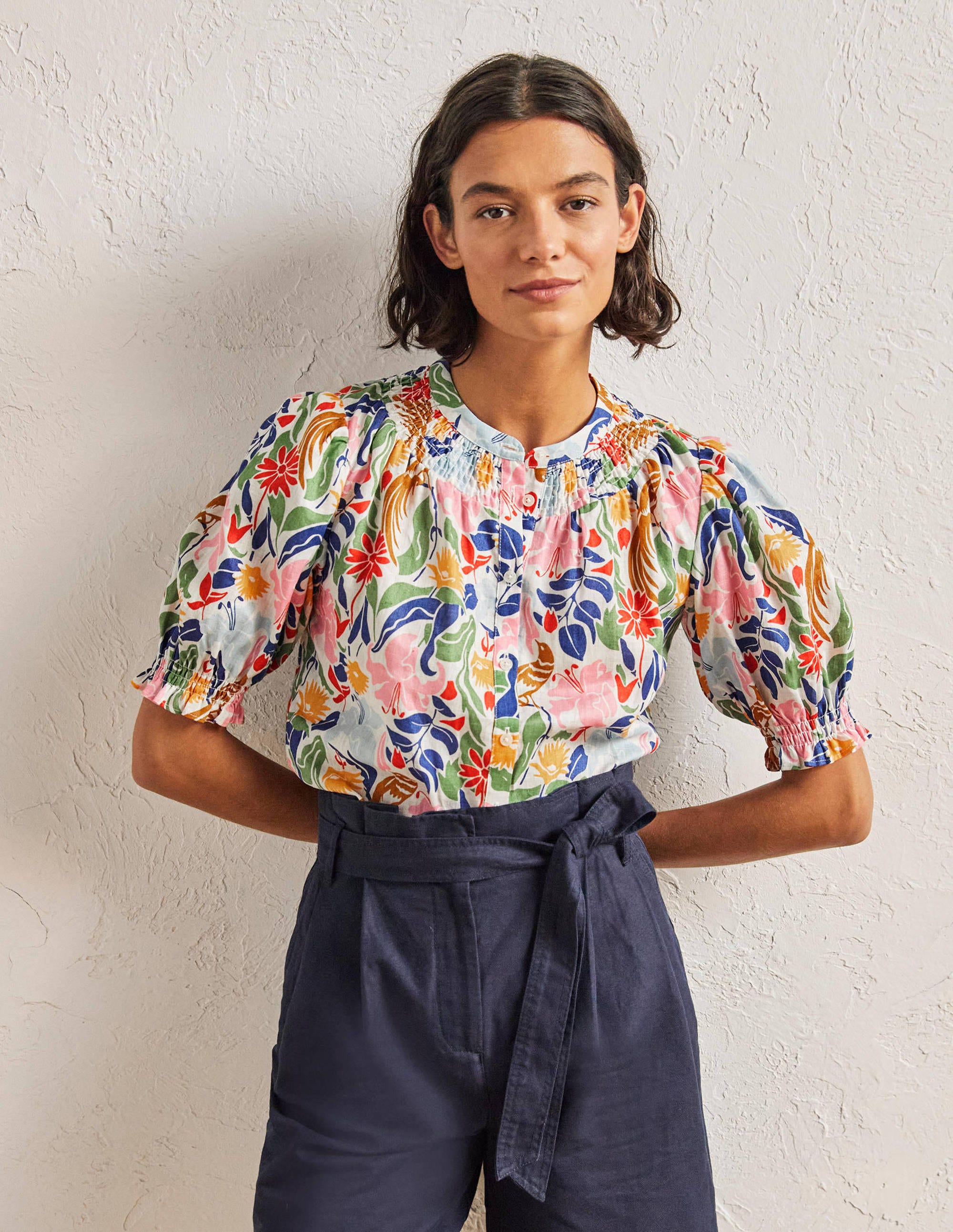  Smocked Short Sleeve Blouse-Ivory, Oriental Bird、mySite、ashleygrahame