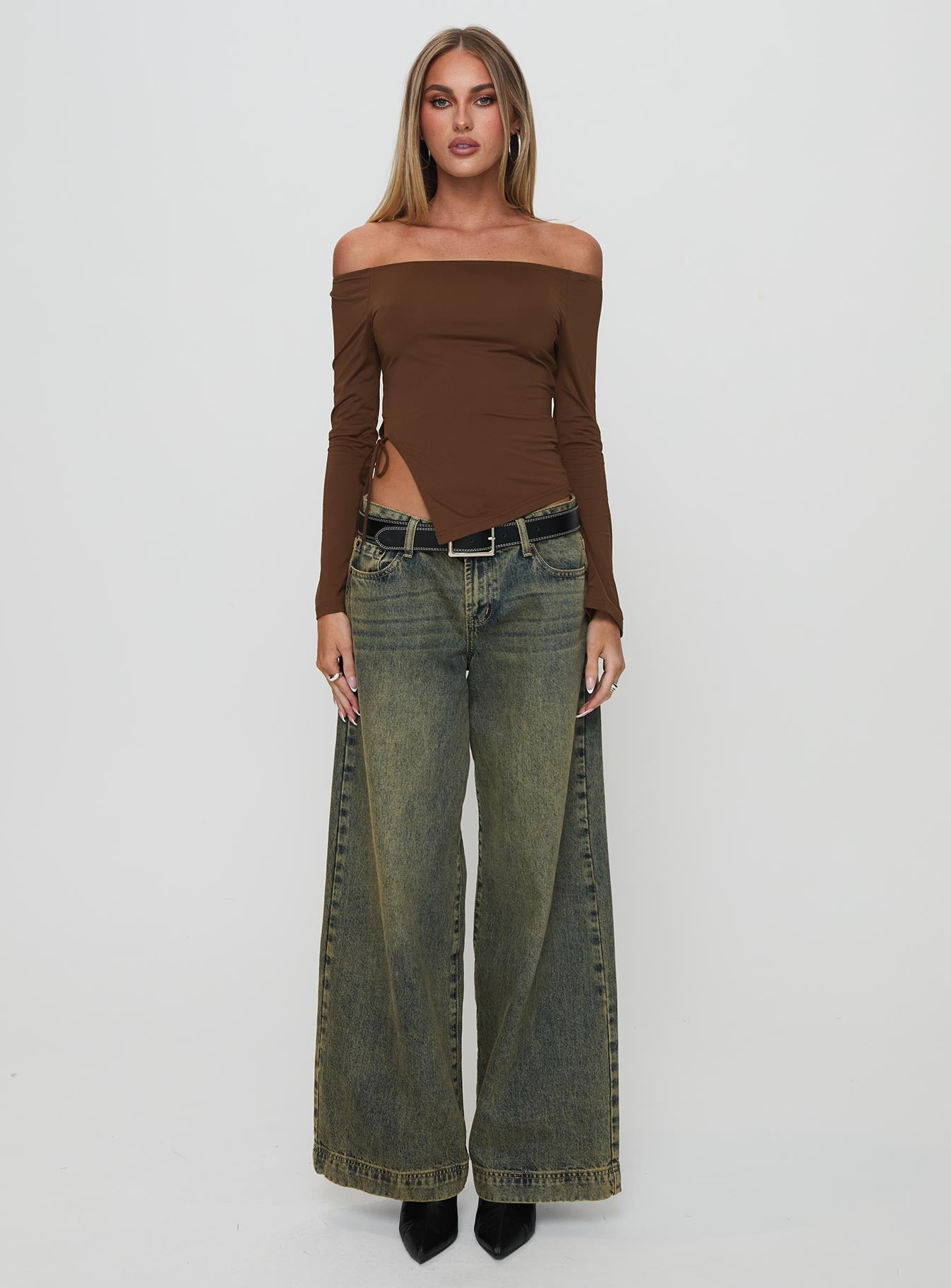 Endellion Off Shoulder Long Sleeve Top Chocolate、mySite、solidvoid