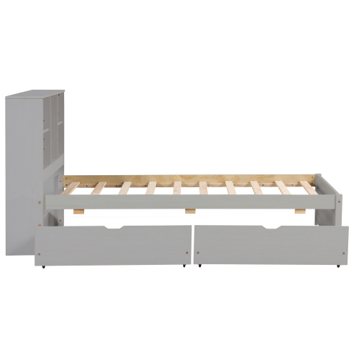 Modern Twin Size Bed Frame With Built-in USB Port on Bookcase Headboard and 2 Drawers for Walnut Color、、xpatfood