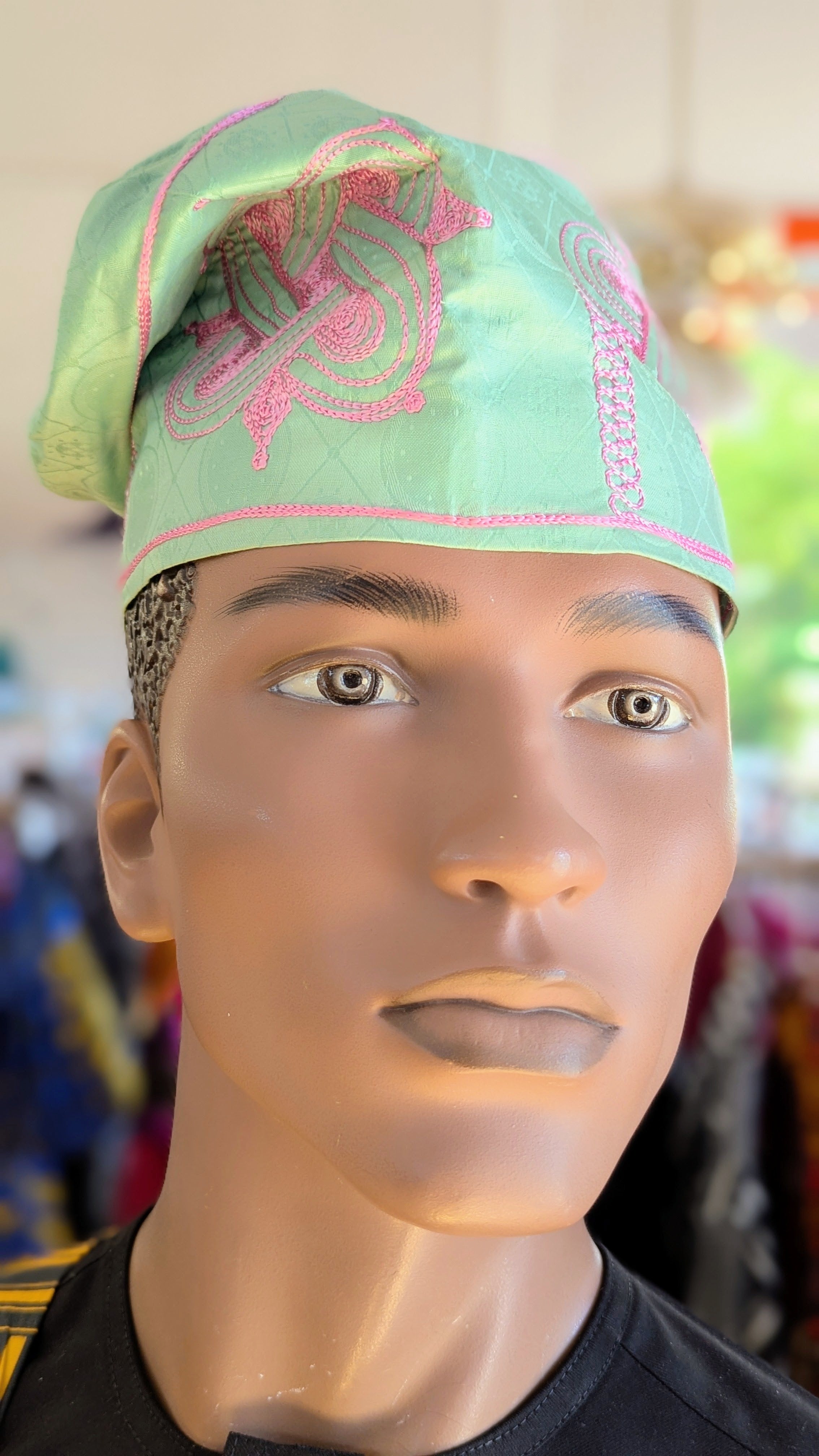 Dupsie's Embroidered Green and Pink Akko Brocade Cap Kufi Hat DPHGPE42、mySite、solidvoid