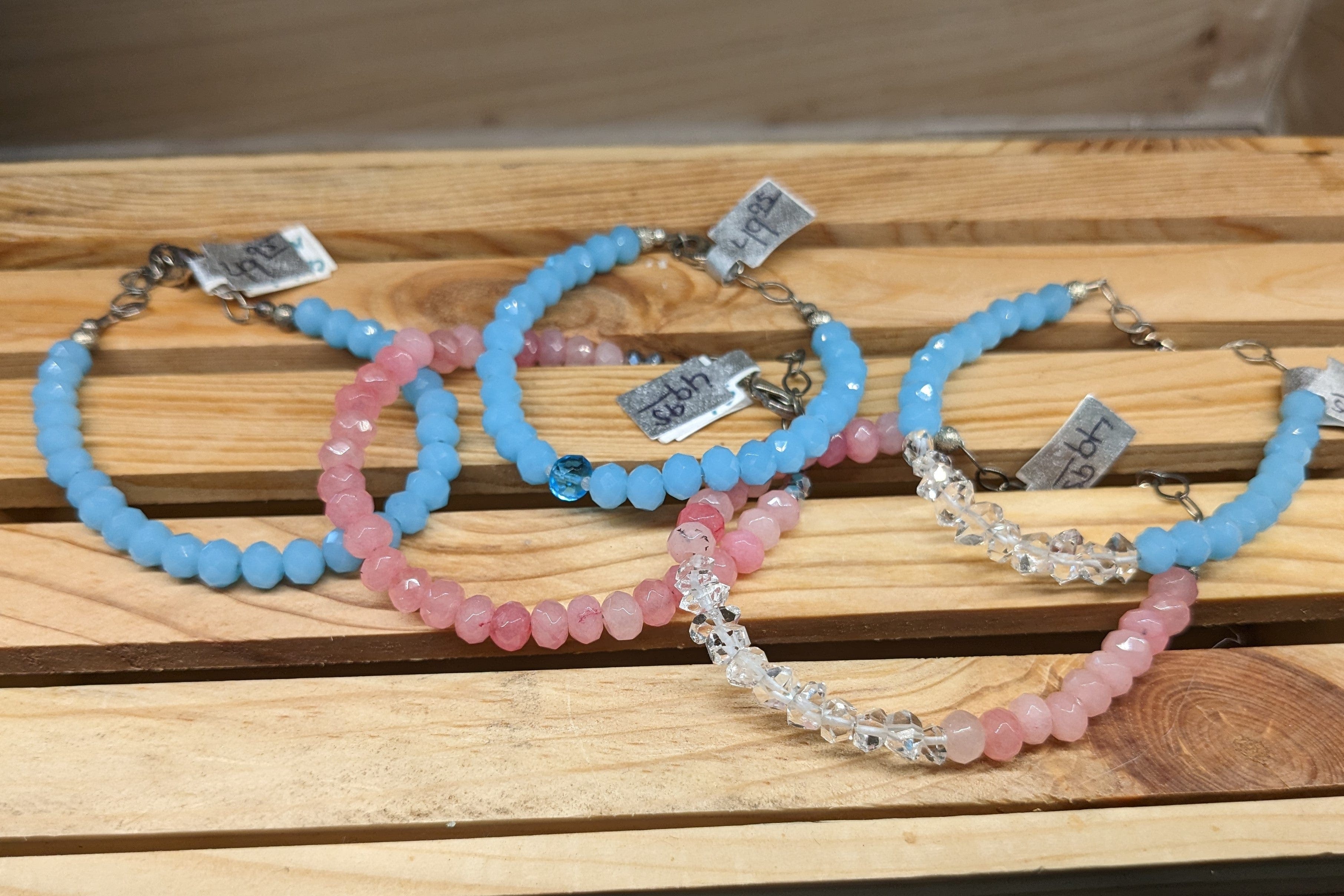 Caribbean Blue or Pink Chalcedony and Herkimer Diamond Bracelets-HANDMADE with love! 925 Silver Clasp、mySite、g9winljtr