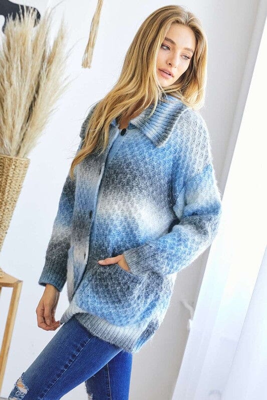 Davi & Dani Contrast Collared Neck Button Up Cardigan with Pockets、mySite、camillekostekn