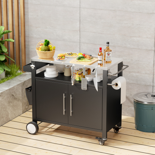 Two Doors Outdoor Grill Cart with Patio Furniture, Outdoor Grill Table with Storage,Rolling Bar Cart Outdoor BBQ Cart with Hooks and Spice Rack for Grilling Accessories, Black、、eastwooduniform