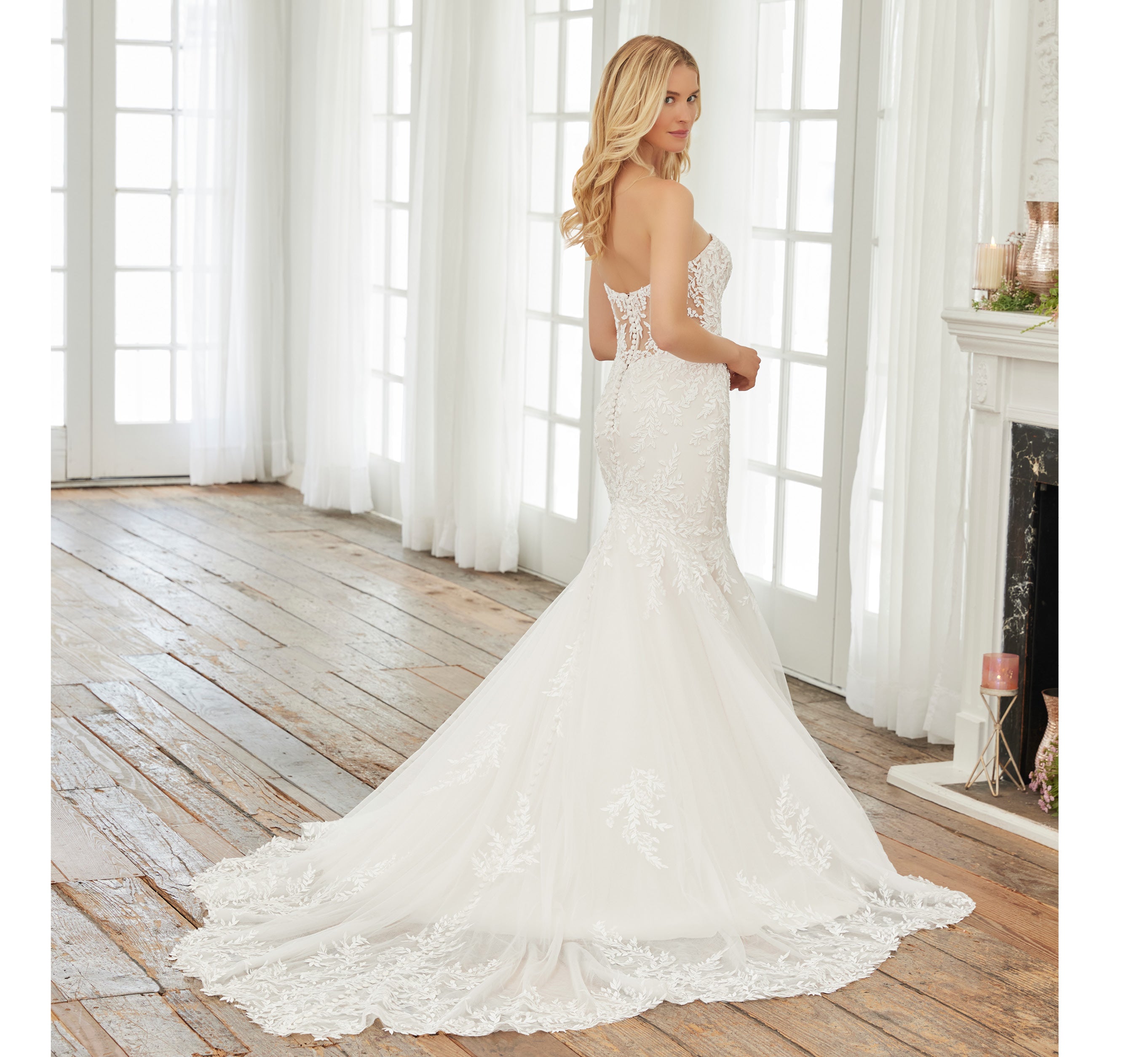 Lace And Tulle Mermaid Gown With Detachable Long Sleeves And Belt In Ivory Almond Nude、mySite、solidvoid