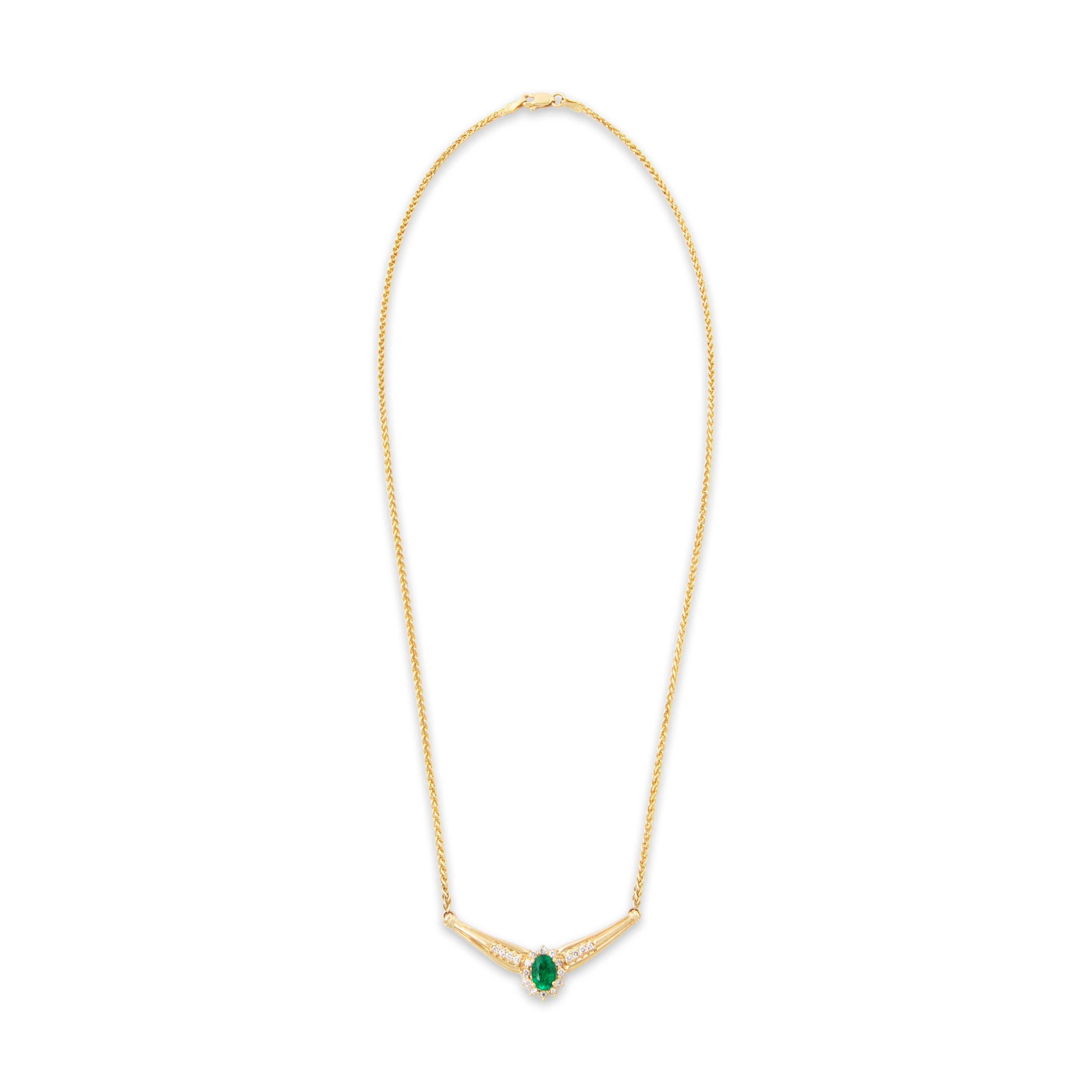 Vintage 14k Yellow Gold .7ct Emerald Diamond Halo Statement Necklace 17.25、mySite、hinf8tx79