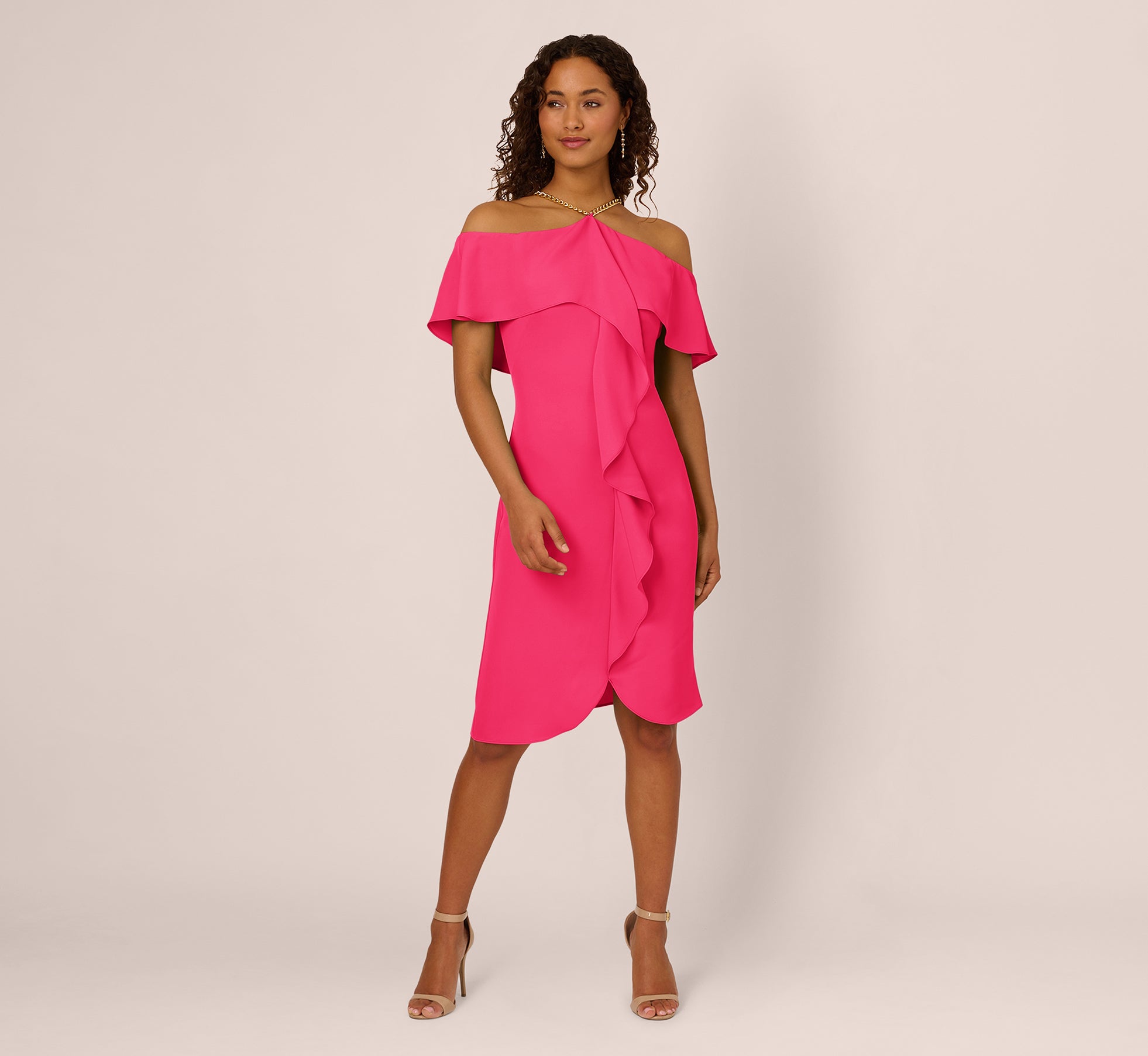 Ruffle Popover Midi Dress With Chain Halter Neckline In Electric Pink、mySite、solidvoid
