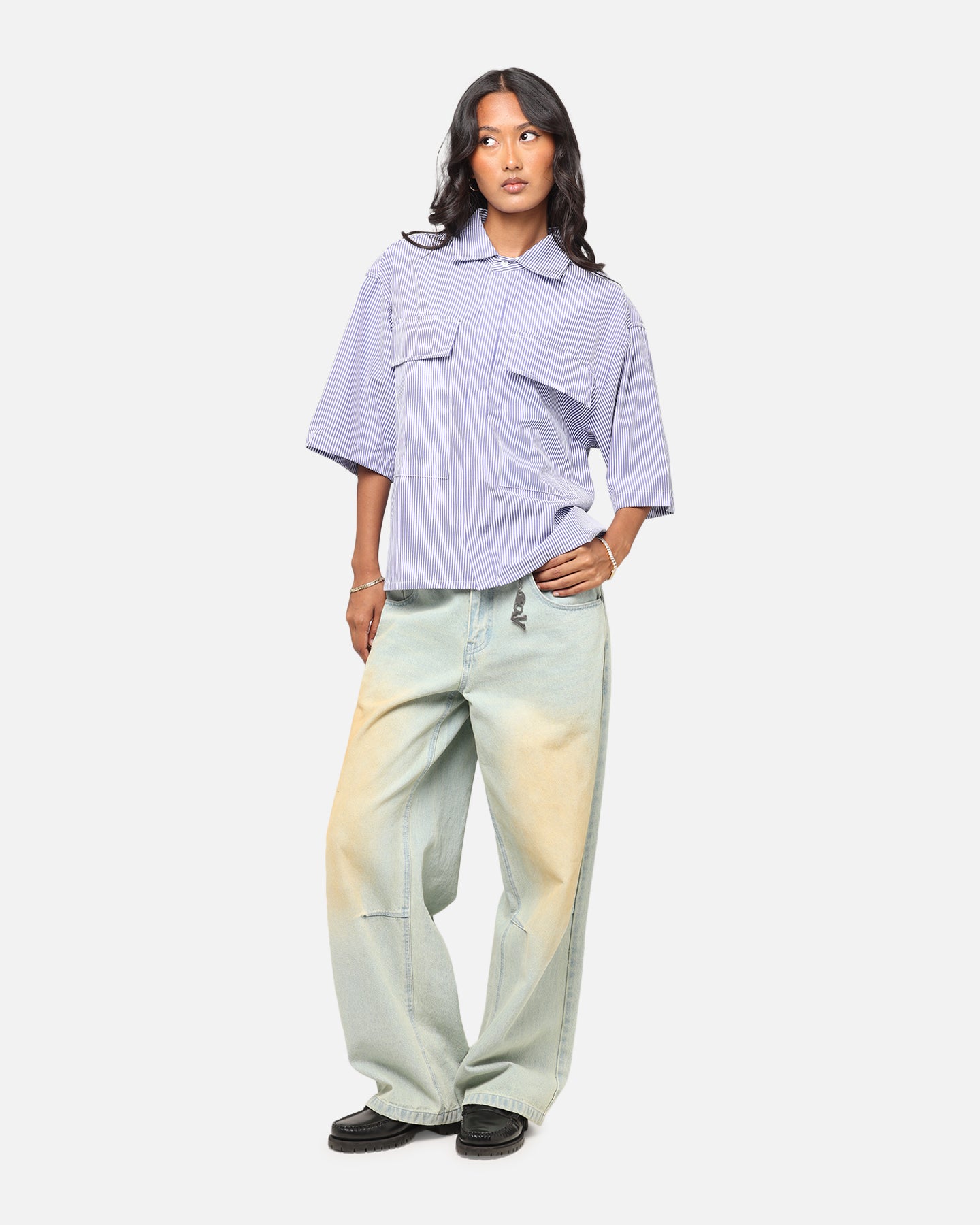 MNML Cropped Striped Short Sleeve Shirt Blue、mySite、zt4zffjzw