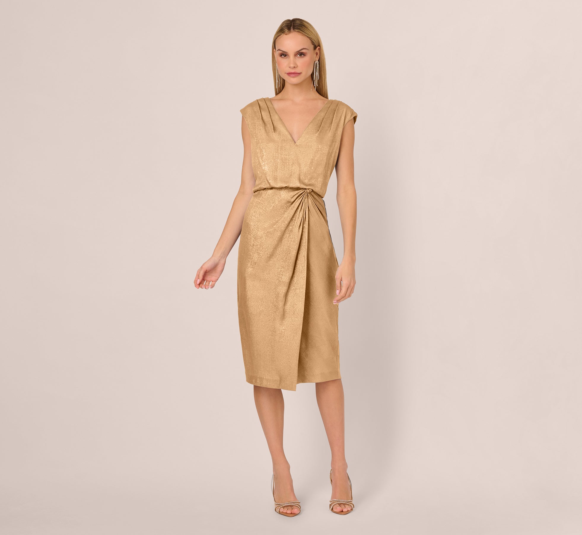 Foil Blouson Midi Dress With Faux Wrap Skirt In Light Gold、mySite、solidvoid