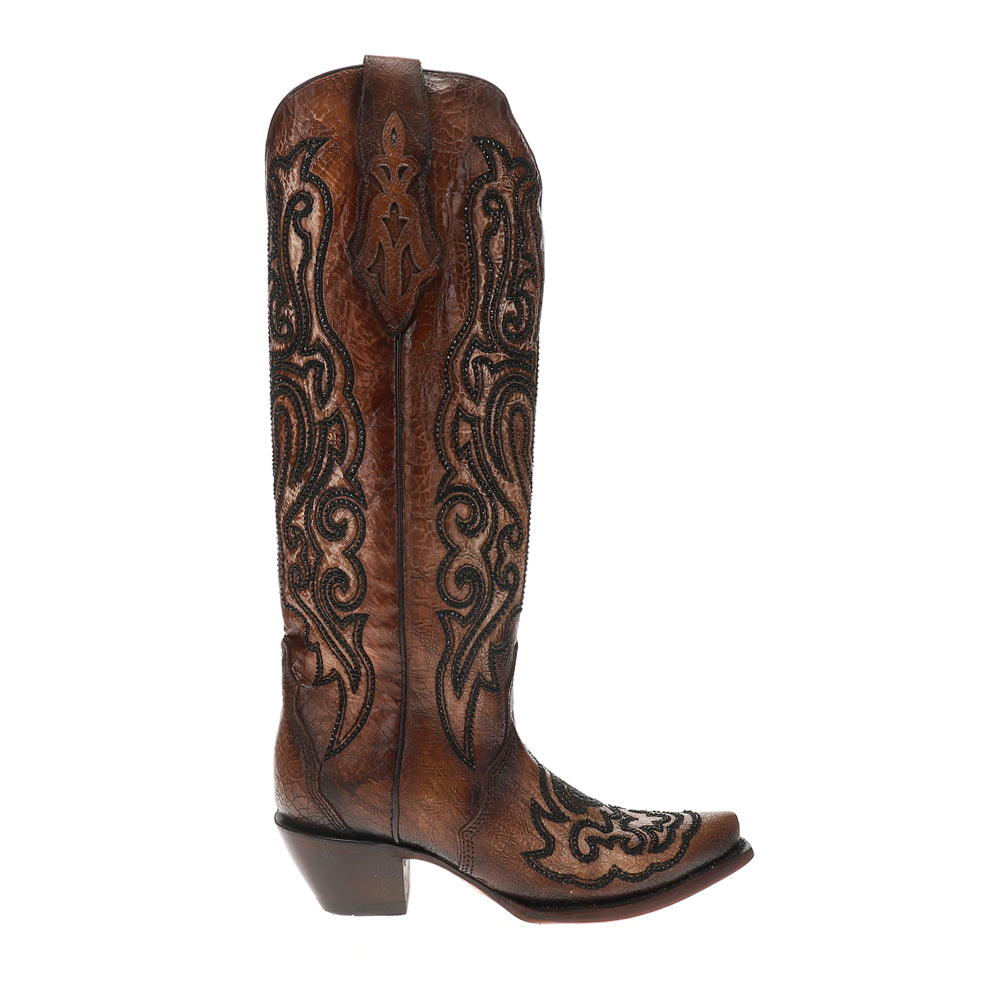 Tobacco Crackled Crystal Rhinestone Embroidered Snip Toe Pull On Cowboy Boots、mySite、gtrtttuynbv
