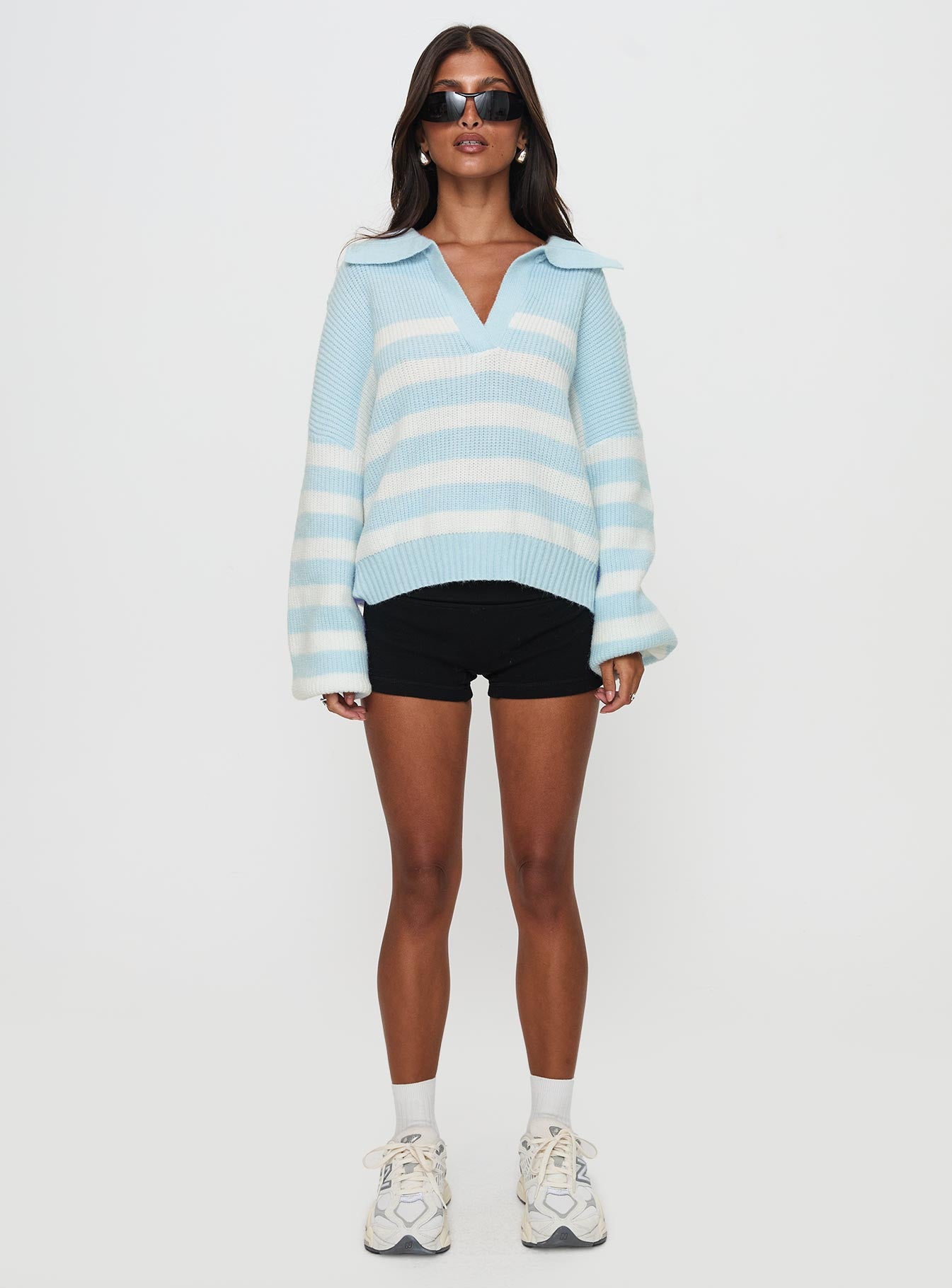 Carolena Long Sleeve Collared Knit Sweater Blue / White Stripe、mySite、solidvoid