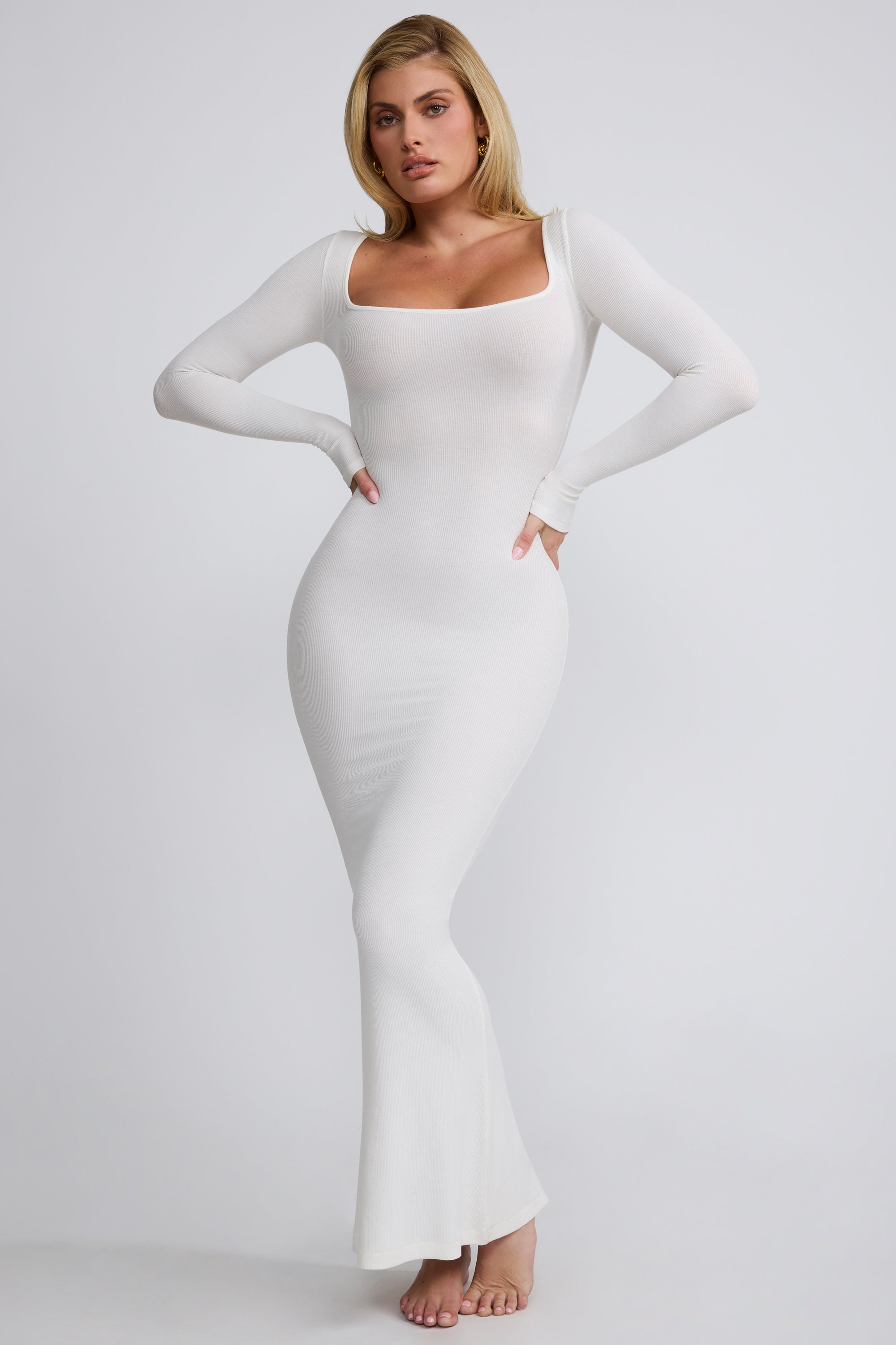 Ribbed Modal Long Sleeve Maxi Dress in White、mySite、solidvoid