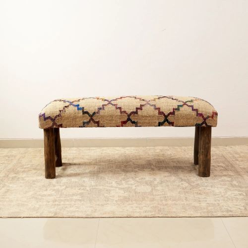 Decorative Jute Fabric Upholstered Multicolor Bench-45X14X18"、、xpatfood