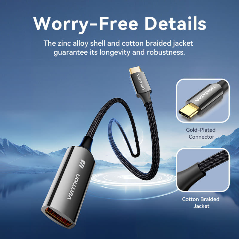 Vention Cotton Braided USB-C to DP 8K Converter 0.25M Black Zinc Alloy Type、mySite、fannypackpong