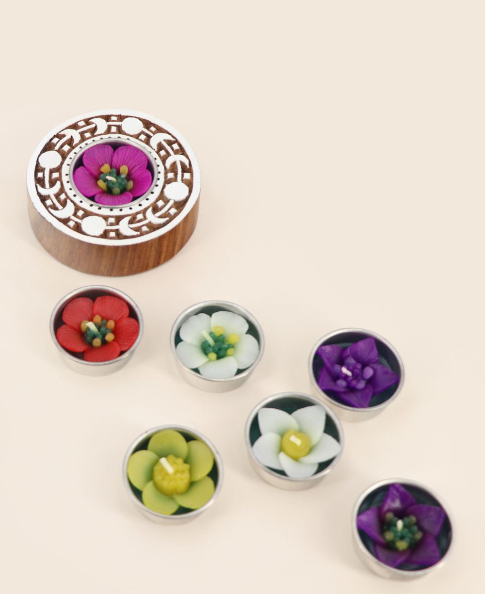 Indian Rosewood Moon Phase Tea-light Holder with Floral Tea-lights、mySite、topwebapps