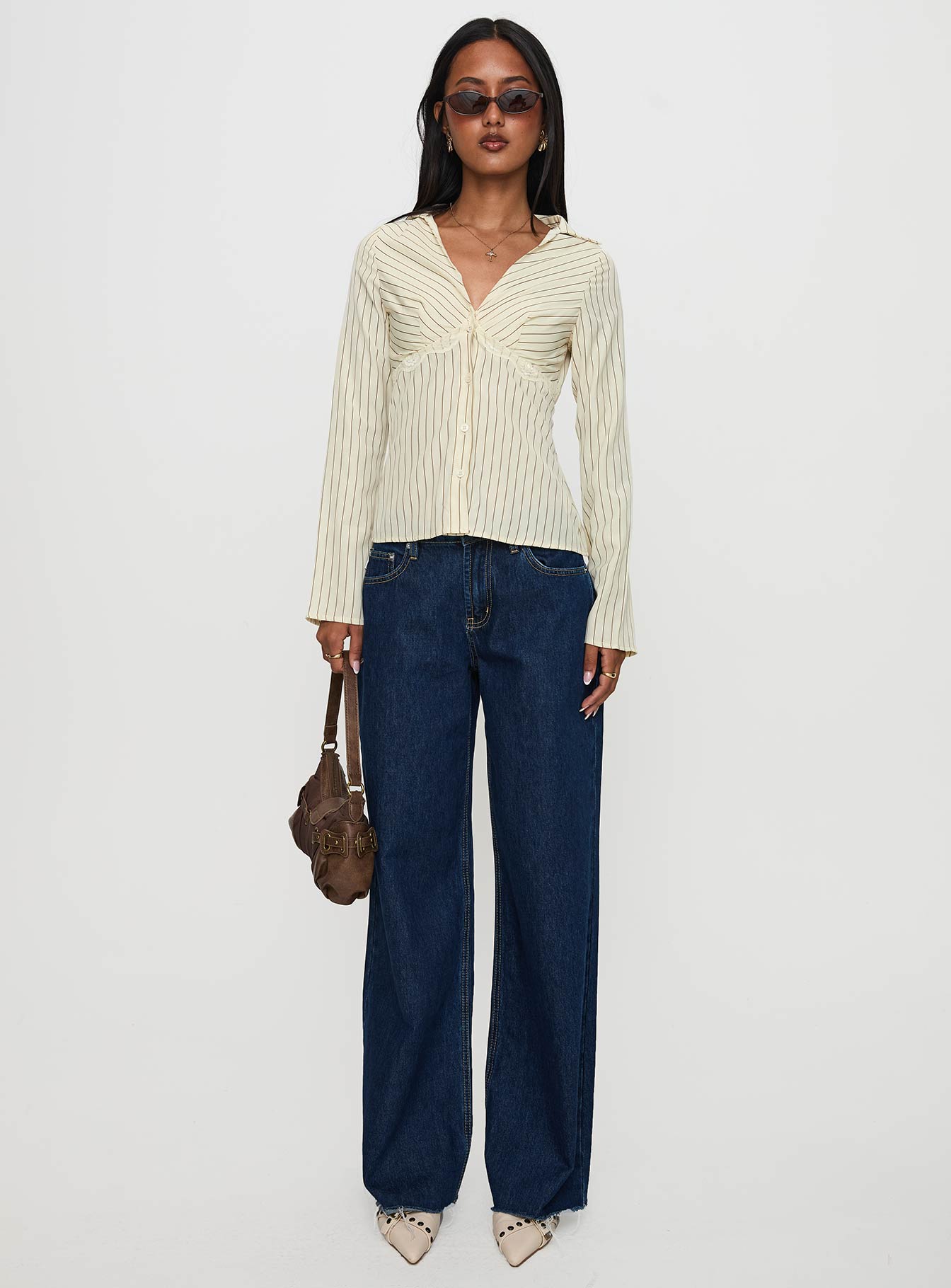 Life Begins Long Sleeve Lace Trim Top Cream Stripe、mySite、solidvoid