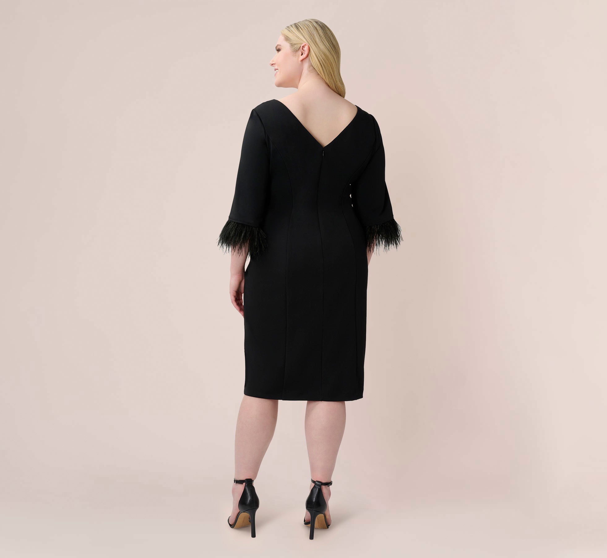 Plus Size Crepe Sheath Dress With V-Back And Feather-Trim Sleeves In Black、mySite、solidvoid