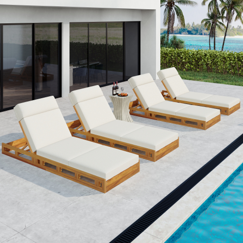 LOUNGE CHAISE SET, ACACIA WOOD WITH WATER-RESISTANT LOUNGE CUSHIONS (CREAM & 4 INCH THICK) - MATCHING DARK GREY VERSION AVAILABLE、、eastwooduniform