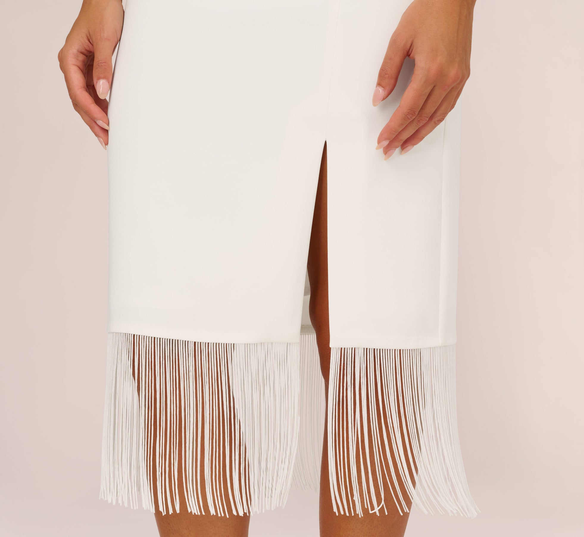 Crepe Popover Midi Dress With Fringe Trim In Ivory、mySite、solidvoid