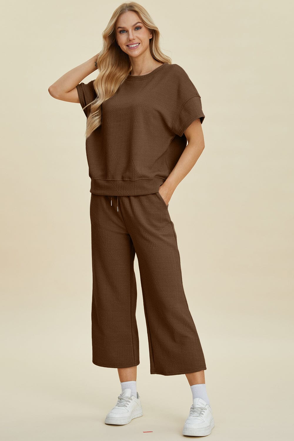 Double Take Full Size Texture Round Neck Top and Pants Set、mySite、camillekostekn