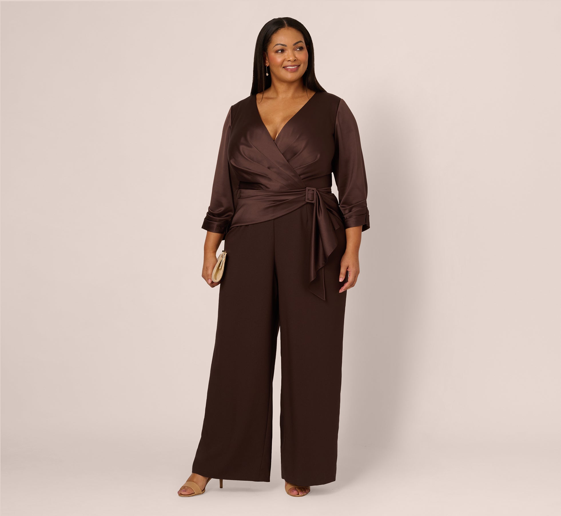 Plus Size Satin Crepe Three Quarter Sleeve Jumpsuit With Buckle Waist In Dark Brown、mySite、solidvoid