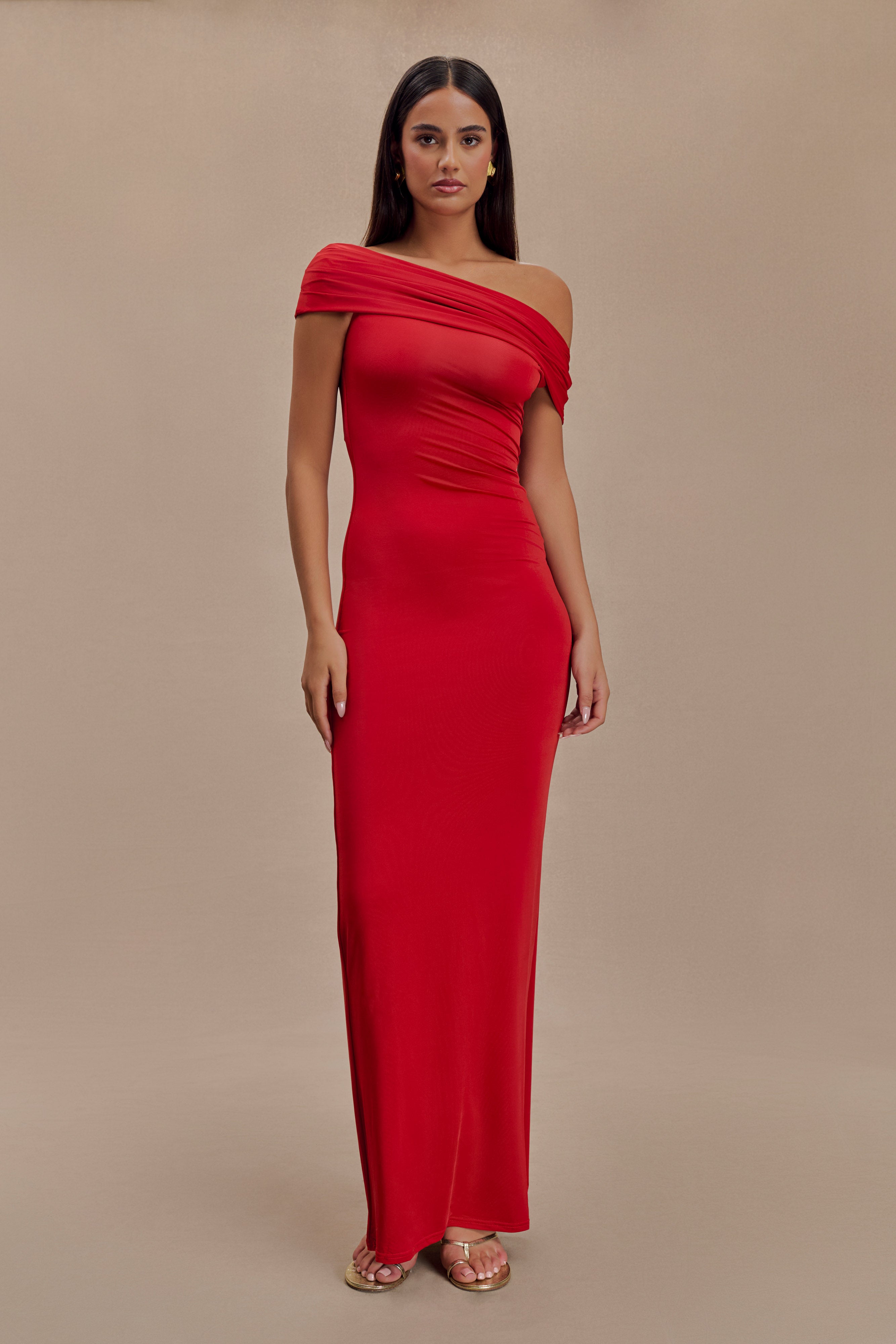 Cassandra Off Shoulder Slinky Maxi Dress - Red、mySite、solidvoid