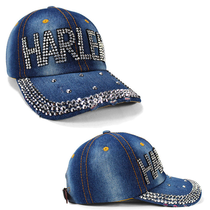 HARLEM Rhinestone Denim Hat – Washed Blue with Leather Strap、mySite、vikingsvslions