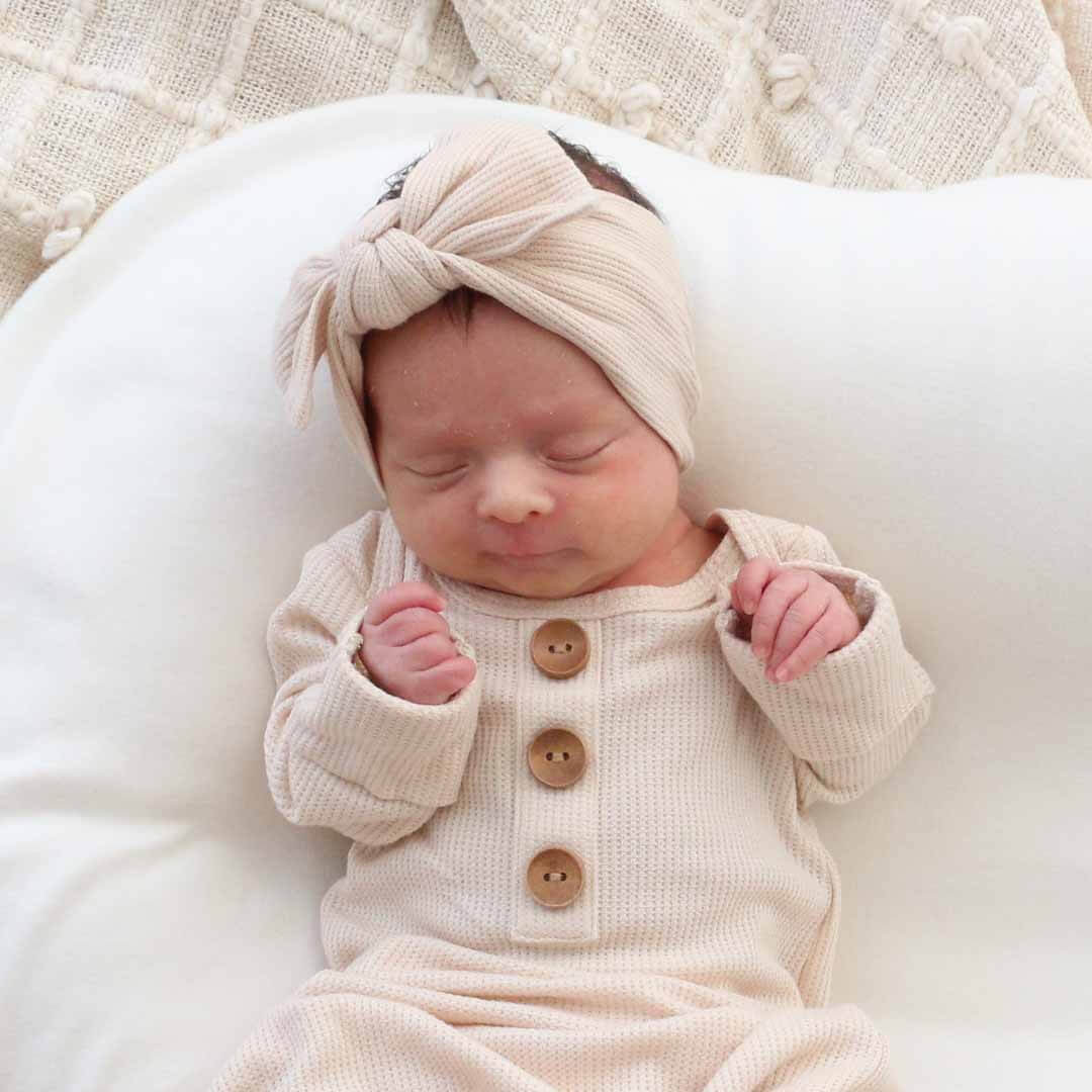  Oatmeal Bamboo Waffle Newborn Baby Knot Gown & Hat Set、mySite、layawaytickets