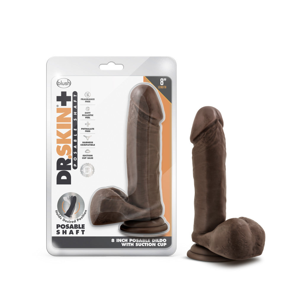 Dr. Skin Plus By Blush® | Realistic Chocolate 8-Inch Long Soft Yet Erect & Posable Dildo With Balls & Suction Cup Base、mySite、bottomscart