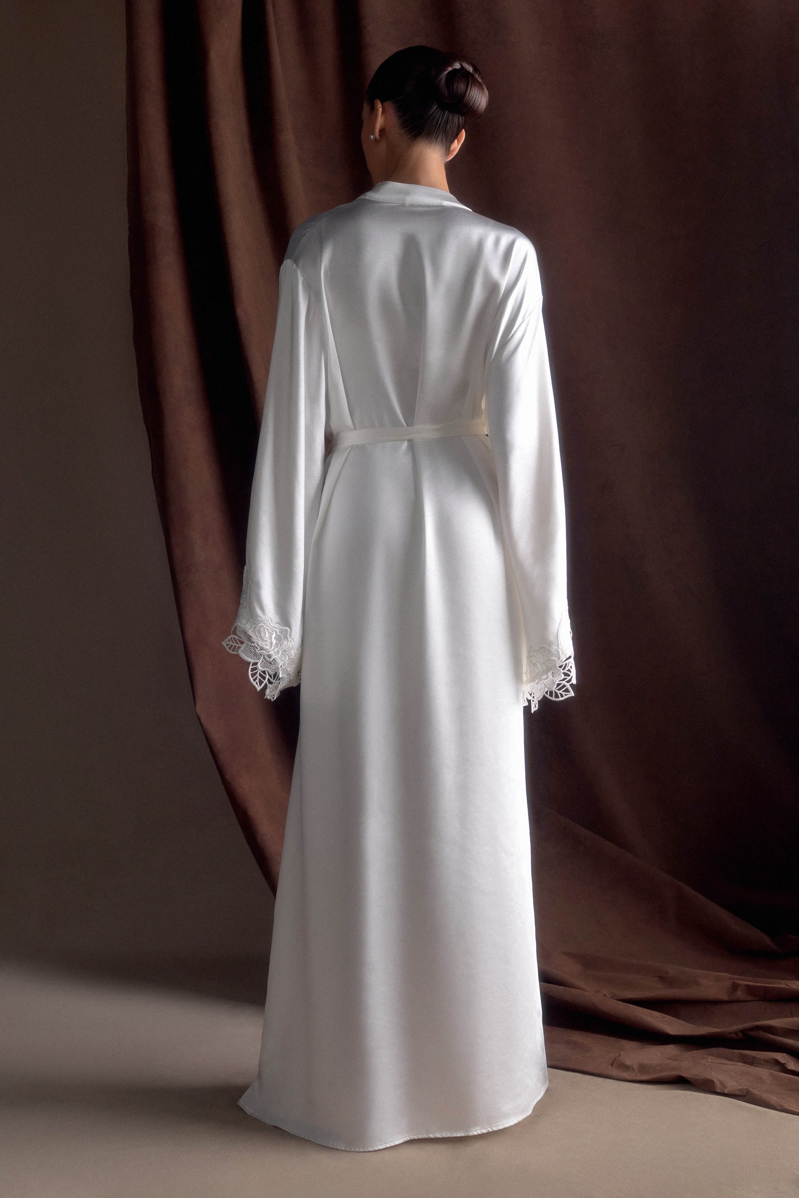 Sullivan Satin Bridal Robe With Lace - Ivory、mySite、solidvoid