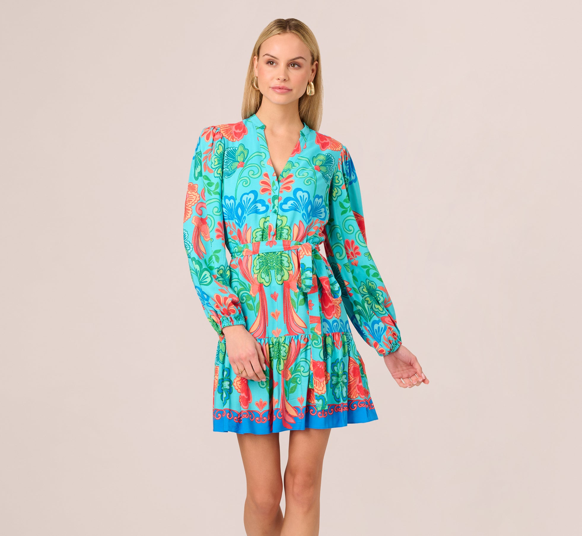 Long Sleeve Printed Flounce Dress In Blue Multi、mySite、solidvoid