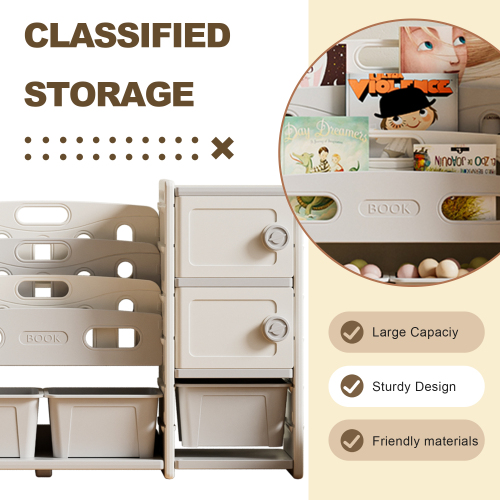 Kids Toy Storage Organizer 8 storage cabinet Removable Toy Bins, 4-Tier Book organizers Storage and 2 cabinet storage, Kids Bookshelf and Toy Storage for Playroom, Bedroom, Kids Room、、casual
