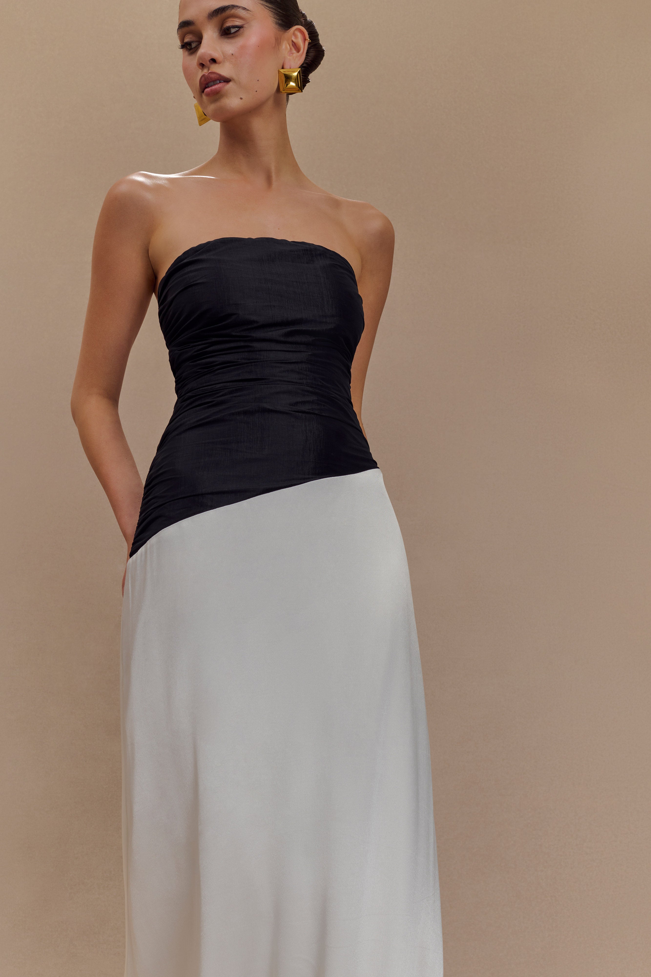 Serena Strapless Taffeta Maxi Dress - White/Black、mySite、solidvoid