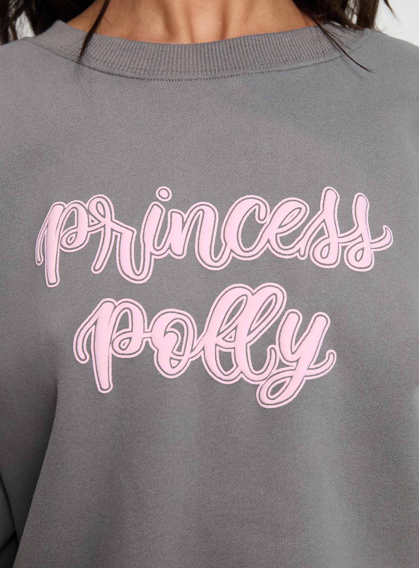 Princess Polly Crew Neck Sweatshirt Puff Text Charcoal、mySite、solidvoid