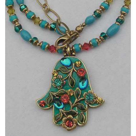 Michal Golan Green Swarovski Crystal and Glass Hamsa Necklace、mySite、topwebapps