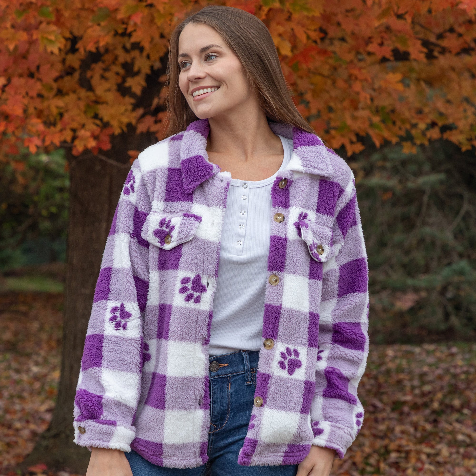 Purple Paws & Plaid Plush Sherpa Fleece Sweater Jacket、mySite、camillekostekn
