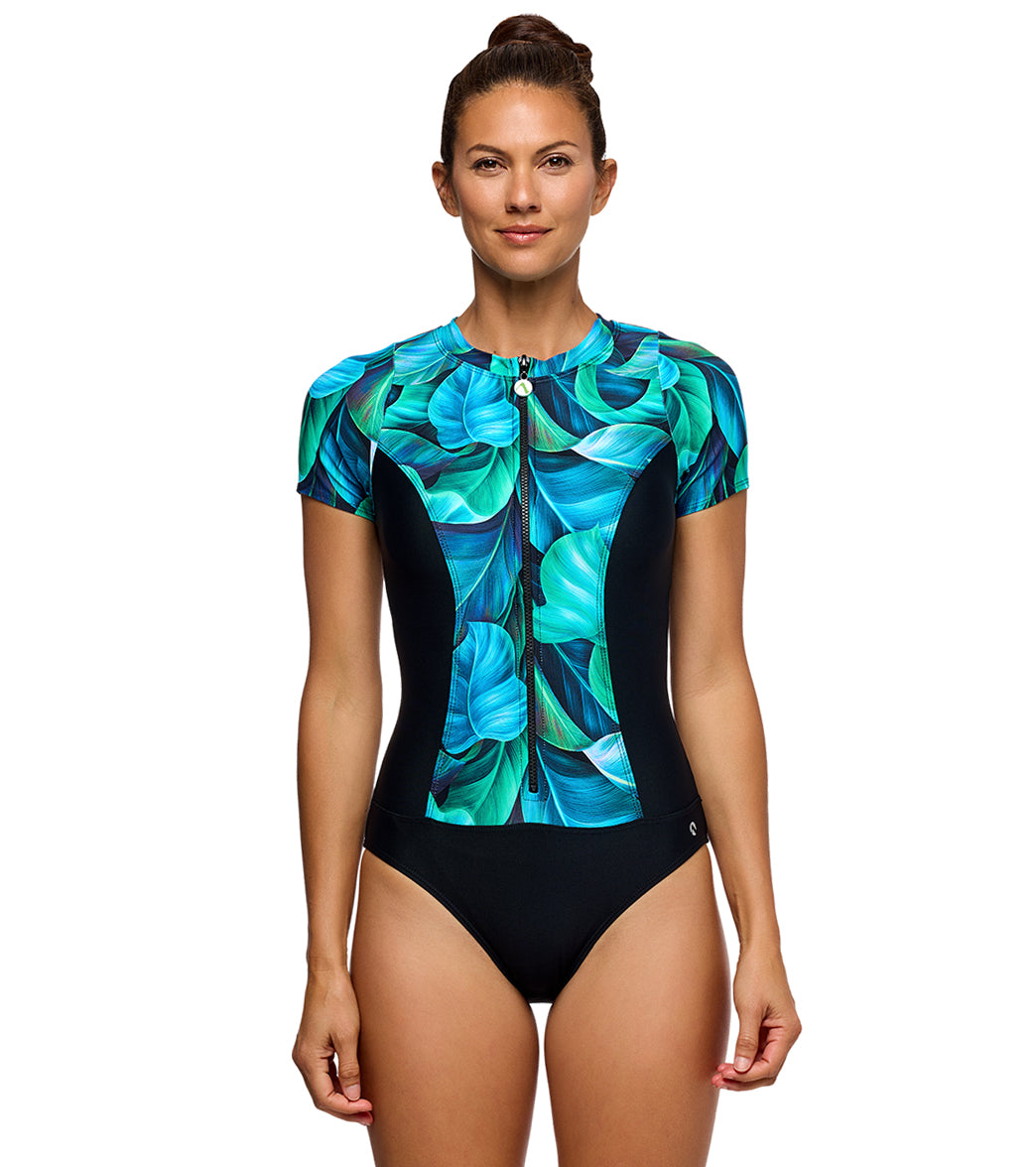 Next by Athena Women's Malibu Curacao Palms Zip Short Sleeve One Piece Swimsuit、mySite、noshort