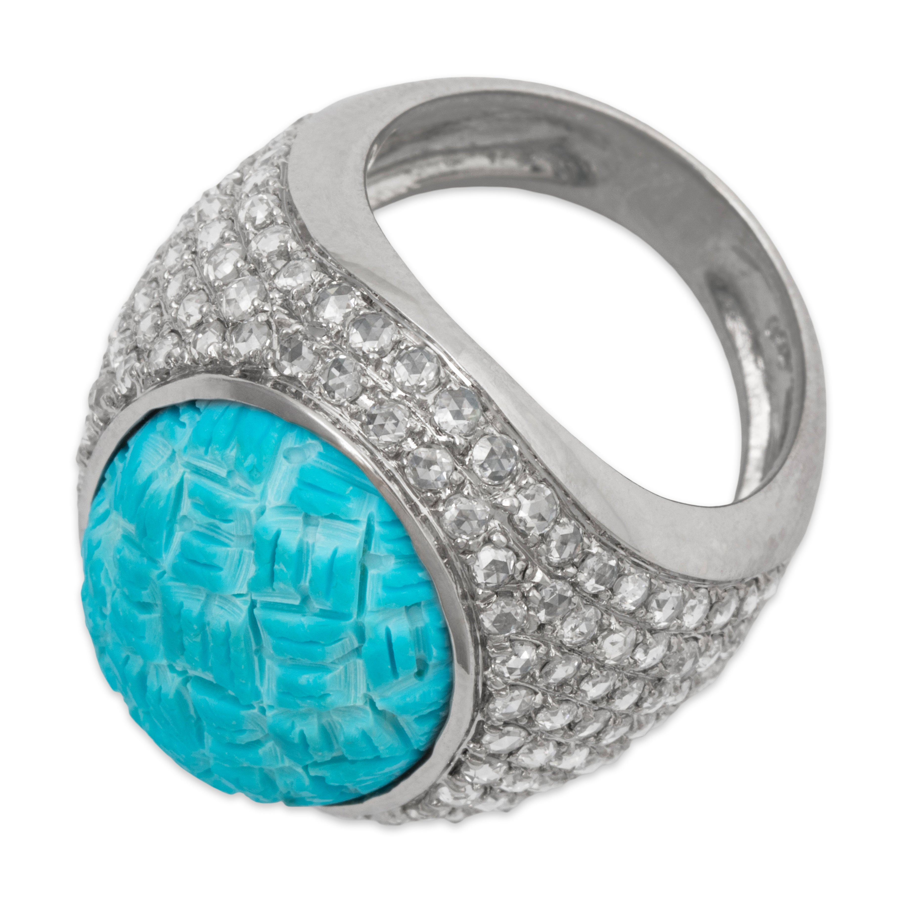 Vintage Heavy 18k White Gold 14ct Carved Turquoise 1.65cttw Diamond Ring 7.00、mySite、hinf8tx79