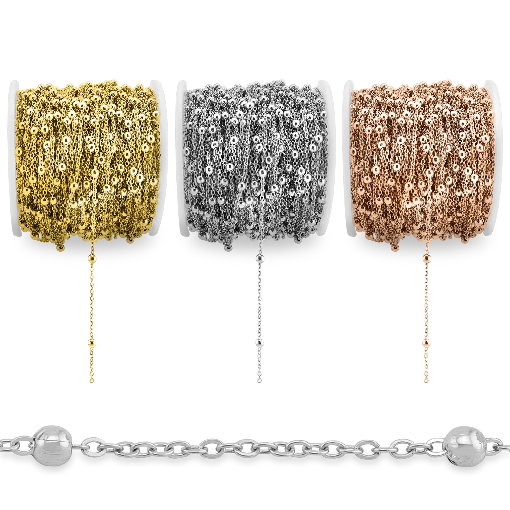 3mm 18K Gold PVD Stainless Steel Beaded Satellite Permanent Jewelry Chain By The Foot / SPL1007、mySite、dreamappss